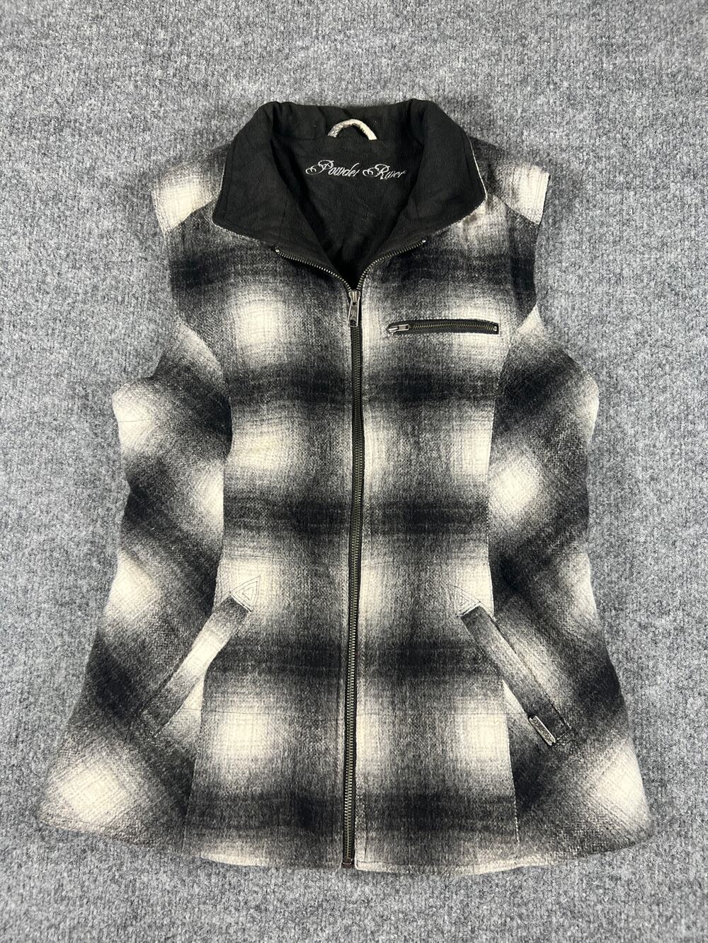 Powder River Womens Plaid Wool Blend Vest Black Gray Western Full Zip Pockets